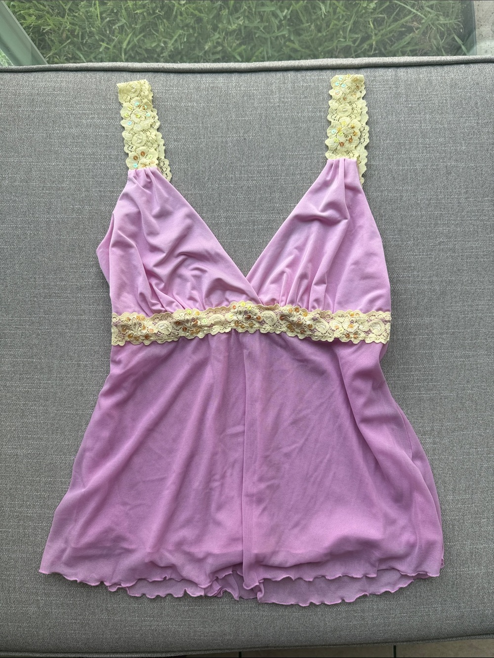 Pink Lace-Trim Night Camisole with yellow Accents